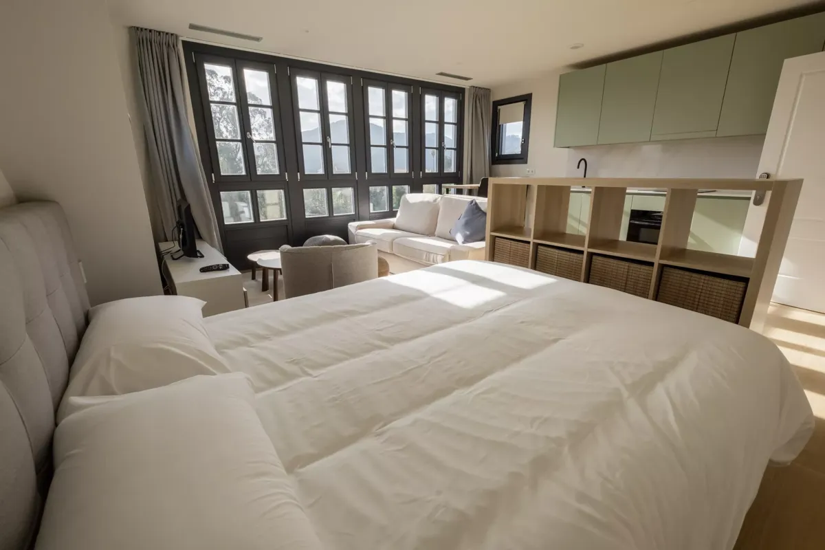 Cama de matrimonio, estantería, sofás, mesillas, TV y ventanas con vistas